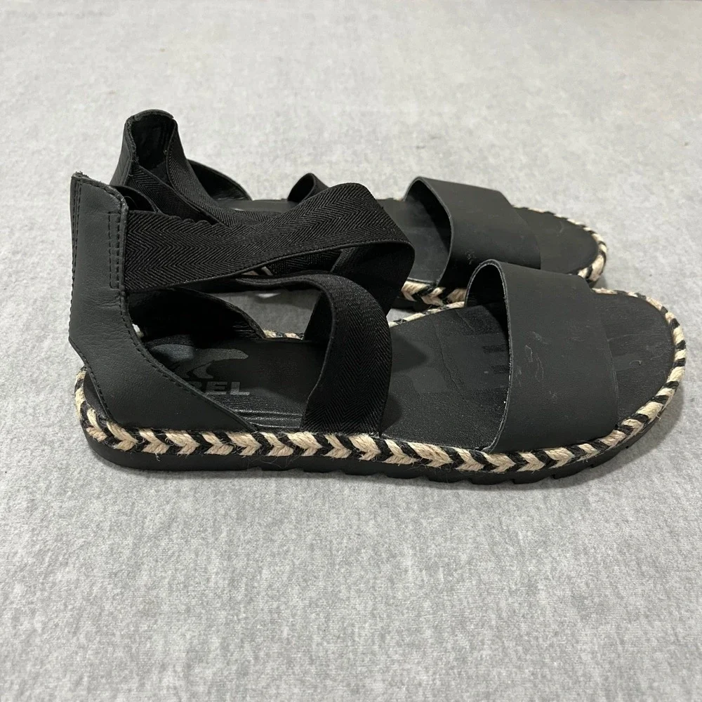 Sorel Ella II Sandal Womens 6‎ Black Leather Elastic Strap Espadrille NL4045-010